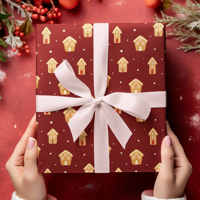 Christmas House Gingerbread On Dark Red Background Wrapping Paper (Creator Uploaded)