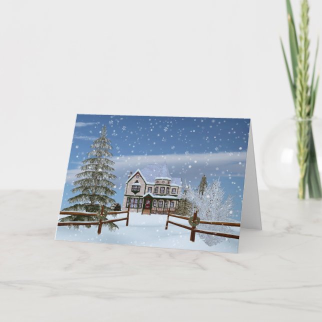 Christmas, House in Snowy Winter Scene Holiday Card (Front)