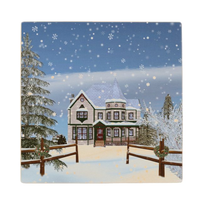 Christmas, House in Snowy Winter Scene Wood Coaster (Front)