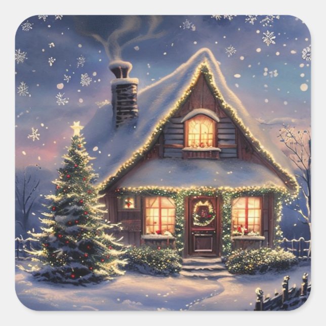 Christmas House in the Snow Winter Holiday Sticker (Front)