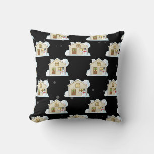 Christmas House Pattern - Black Background Cushion