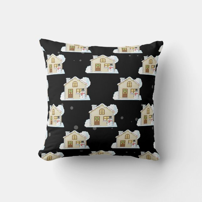 Christmas House Pattern - Black Background Cushion (Front)