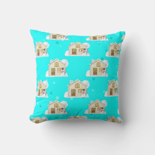 Christmas House Pattern - Light Blue Background Cushion