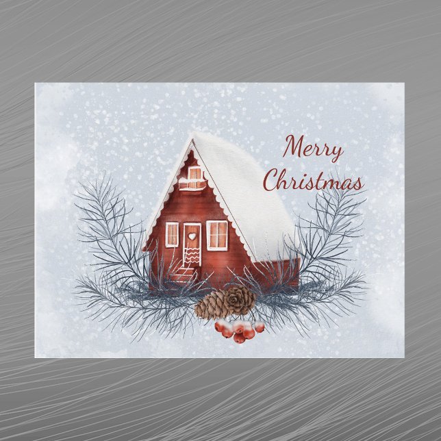Christmas House Snow Pine Berries Watercolor Holiday Postcard (Creator Uploaded)