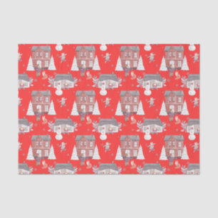Christmas House, Snowman and Christmas Tree Red Tissue Paper