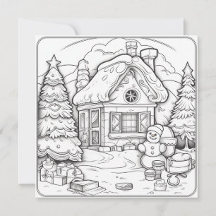 Christmas House Snowman Kids Colouring Christmas Holiday Card