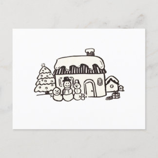Christmas house with snowman holiday postcard