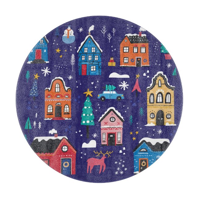 Christmas Houses: Flat Vintage Illustration. Cutting Board (Front)