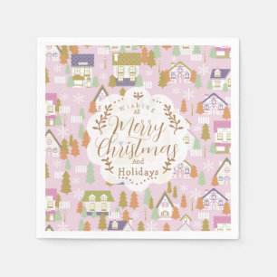 Christmas Houses Pink Napkin