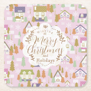 Christmas Houses Pink Square Paper Coaster