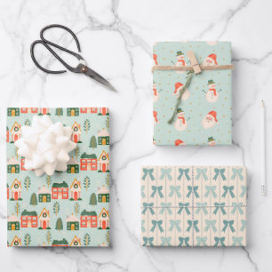 Christmas Houses, Santa Claus, Frosty, and Bows Wrapping Paper Sheet