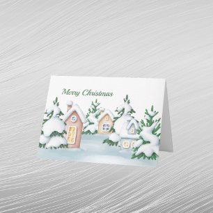 Christmas Houses Snow Pines Watercolor Holiday Card