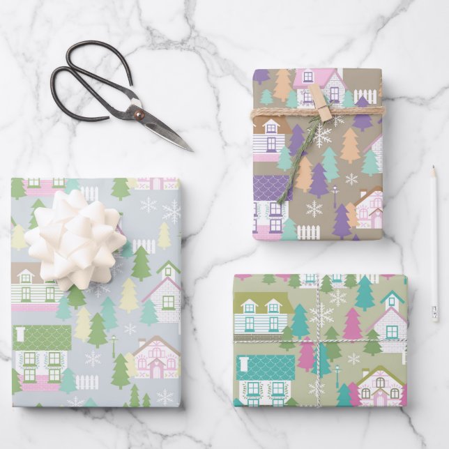 Christmas Houses Wrapping Paper Sheet (Front)