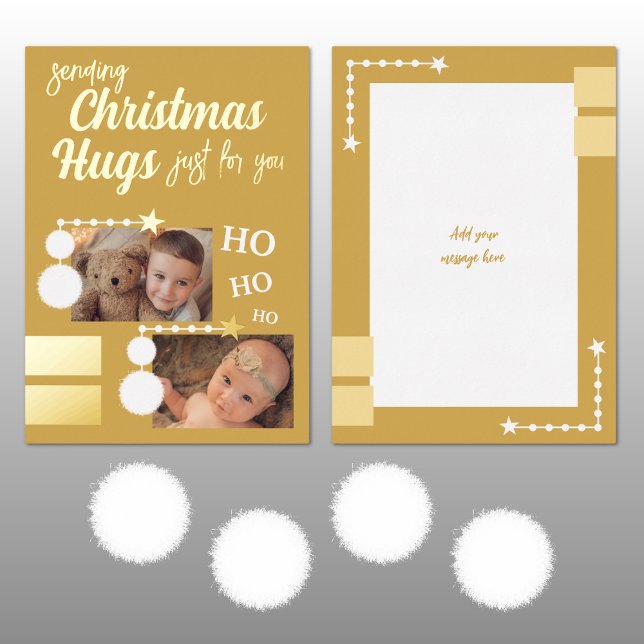 Christmas hugs add photos gold and white foil holiday card (Creator Uploaded)