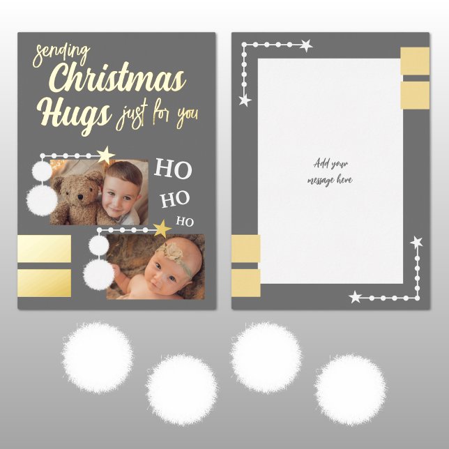 Christmas hugs add photos grey and white foil holiday card (Creator Uploaded)