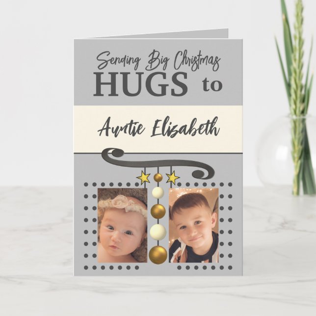 Christmas hugs for Auntie gold and grey Holiday Card (Front)