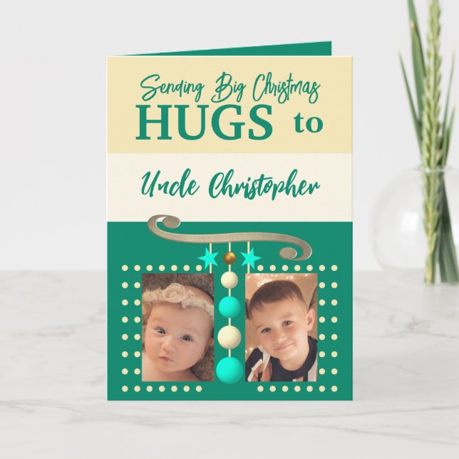 Christmas hugs for Uncle gold and green Holiday Card (Front)