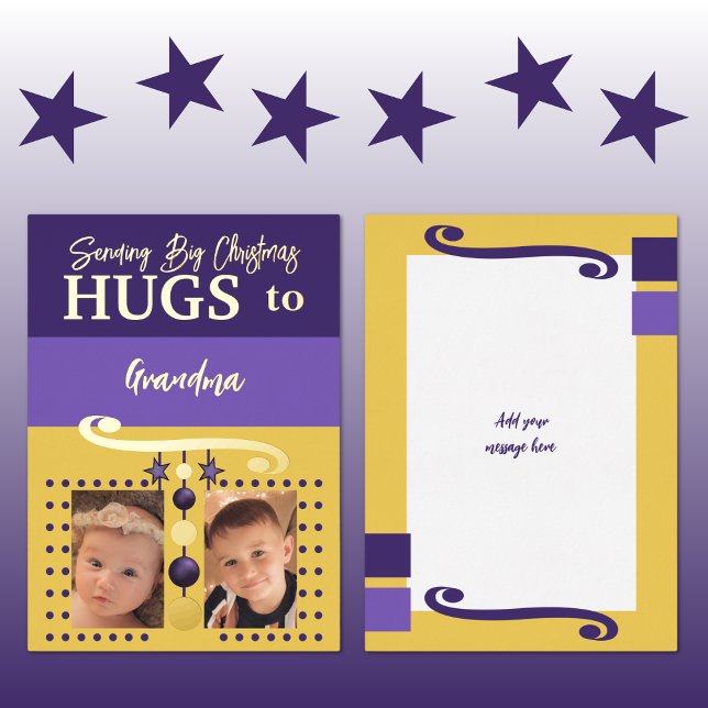 Christmas hugs grandma add photos gold purple foil holiday card (Creator Uploaded)