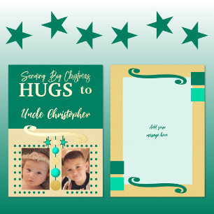 Christmas hugs uncle add photos gold green foil holiday card
