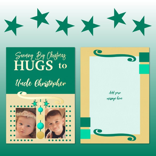 Christmas hugs uncle add photos gold green foil holiday card (Creator Uploaded)