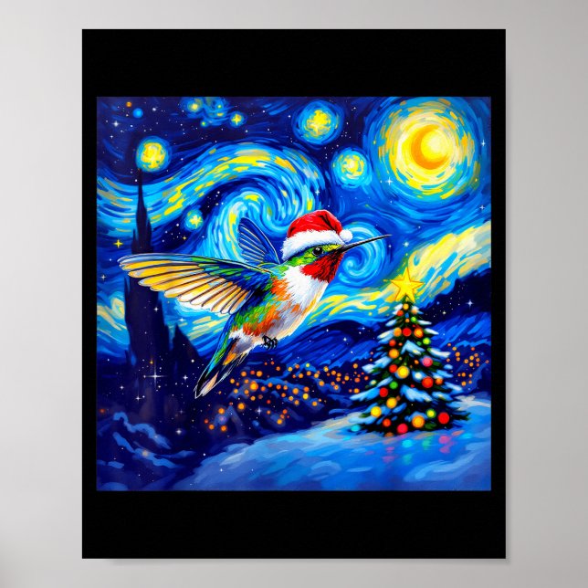 Christmas Hummingbird Santa Hat Van Gogh Starry Ni Poster (Front)