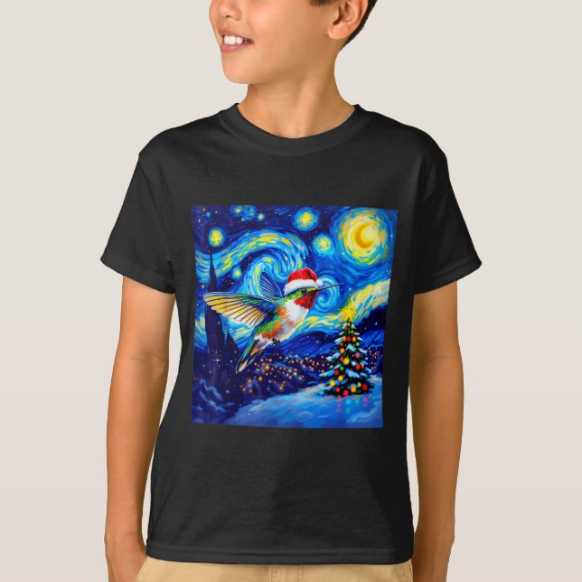 Christmas Hummingbird Santa Hat Van Gogh Starry Ni T-Shirt (Front)