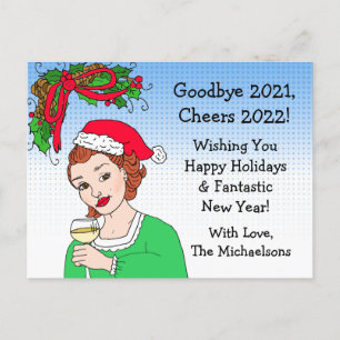 Christmas Humor Funny Retro Lady Toasting Postcard
