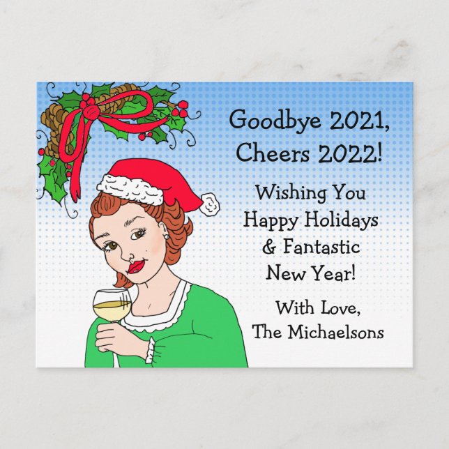 Christmas Humor Funny Retro Lady Toasting Postcard (Front)