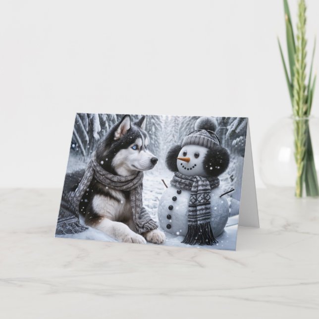 Christmas Husky and Snowman In Winter Woods Card (Front)