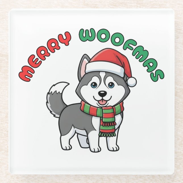 Christmas Husky Coaster: Merry Woofmas Glass Coaster (Front)