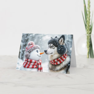 Christmas Husky Dog and Snowman Friends Holiday Card