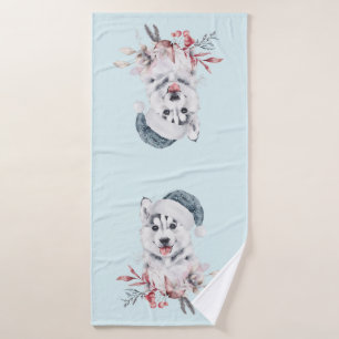 Christmas Husky Dog in a Santa Hat Bath Towel Set