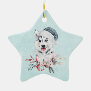 Christmas Husky Dog in a Santa Hat Ceramic Ornament