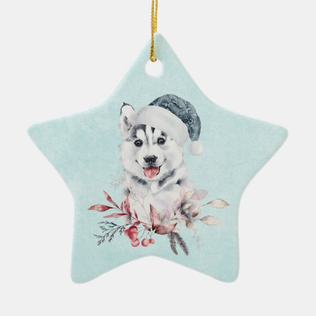 Christmas Husky Dog in a Santa Hat Ceramic Ornament (Front)