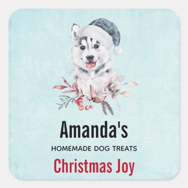 Christmas Husky Dog in a Santa Hat Dog Treat Square Sticker (Front)