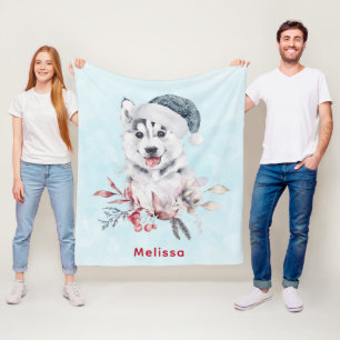 Christmas Husky Dog in a Santa Hat Fleece Blanket