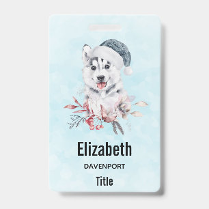Christmas Husky Dog in a Santa Hat ID Badge