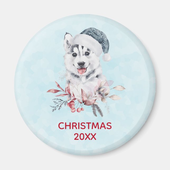 Christmas Husky Dog in a Santa Hat Magnet (Front)