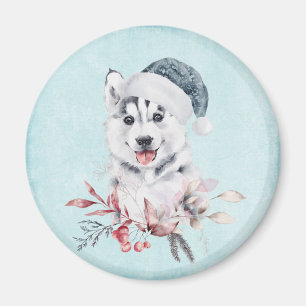 Christmas Husky Dog in a Santa Hat Magnet