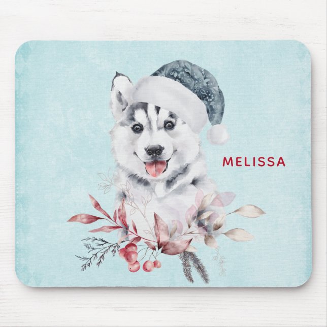 Christmas Husky Dog in a Santa Hat Mouse Pad (Front)