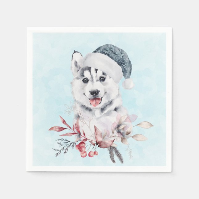 Christmas Husky Dog in a Santa Hat Napkin (Front)