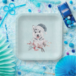 Christmas Husky Dog in a Santa Hat Paper Plate