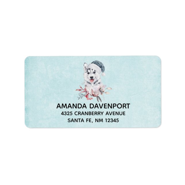 Christmas Husky Dog in a Santa Hat Return Address Label (Front)