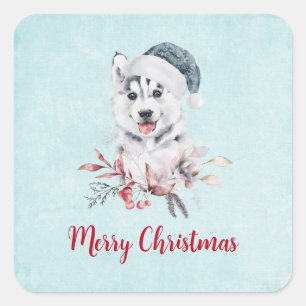 Christmas Husky Dog in a Santa Hat Square Sticker