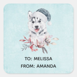 Christmas Husky Dog in a Santa Hat Square Sticker