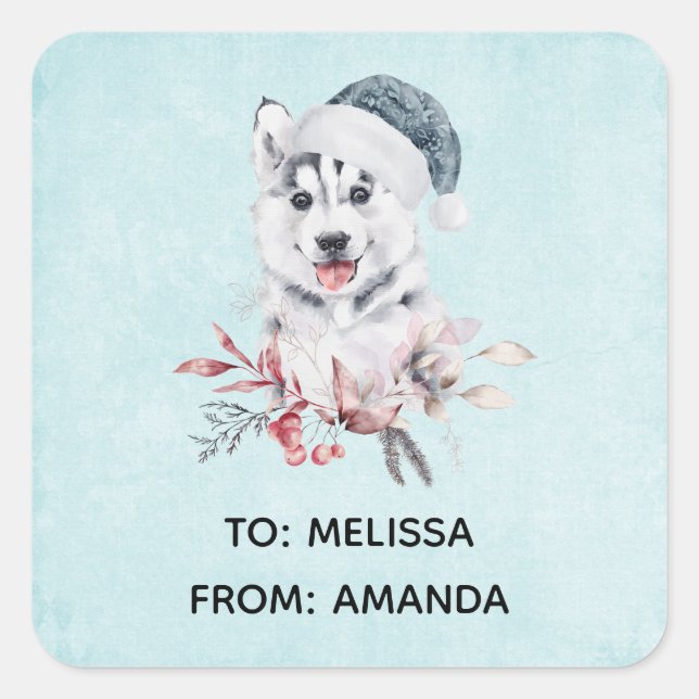 Christmas Husky Dog in a Santa Hat Square Sticker (Front)