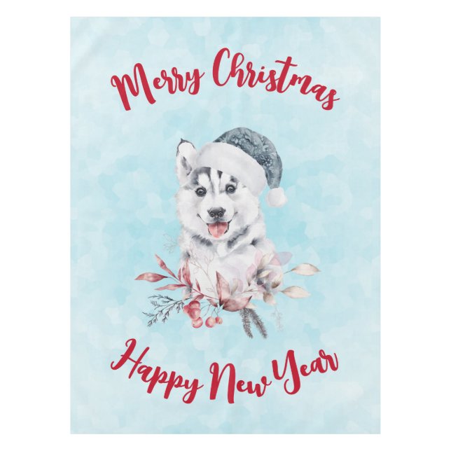 Christmas Husky Dog in a Santa Hat Tablecloth (Front)