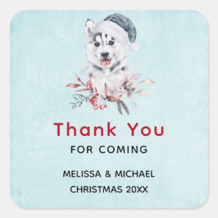 Christmas Husky Dog in a Santa Hat Thank You Square Sticker