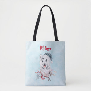 Christmas Husky Dog in a Santa Hat Tote Bag