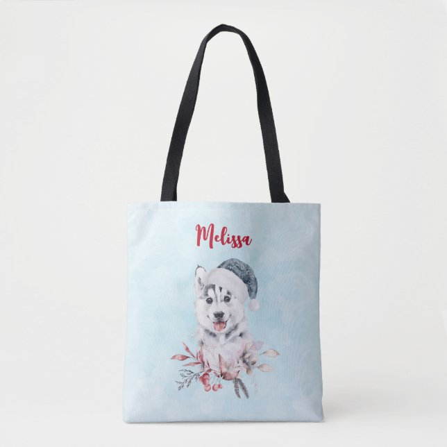 Christmas Husky Dog in a Santa Hat Tote Bag (Front)